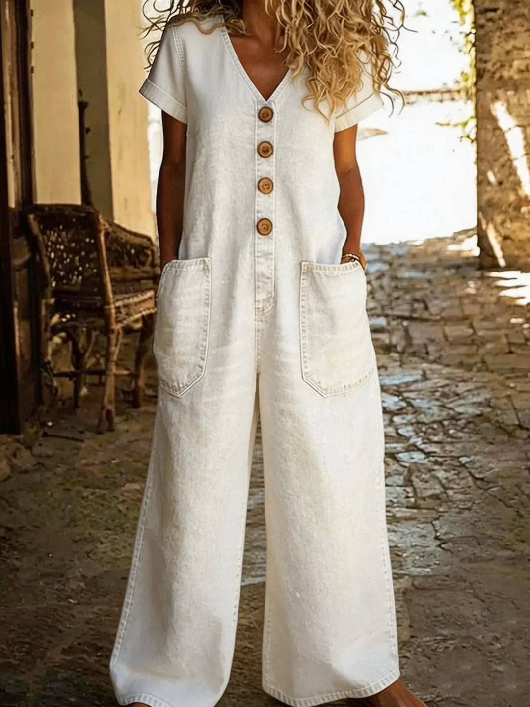 Denise | Denim Overall med V-hals och Korta Ärmar