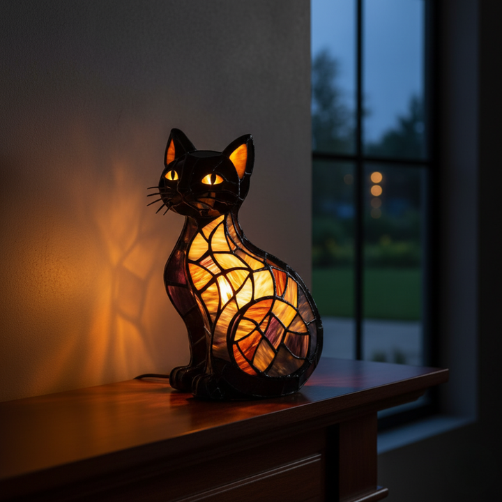 Strålande katt vid midnatt