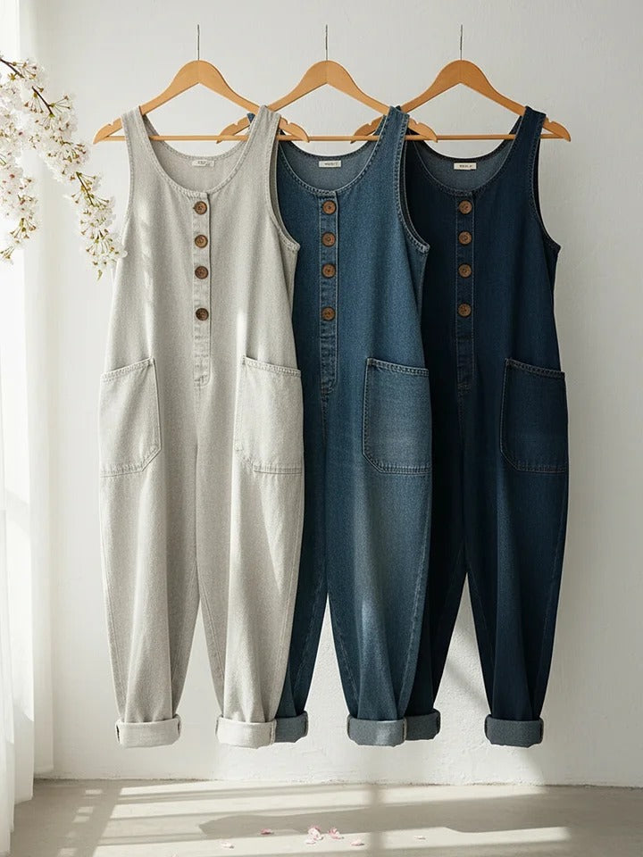 Kvinnor Utan Ärmar Tvättad Bomullsdenim Jumpsuit
