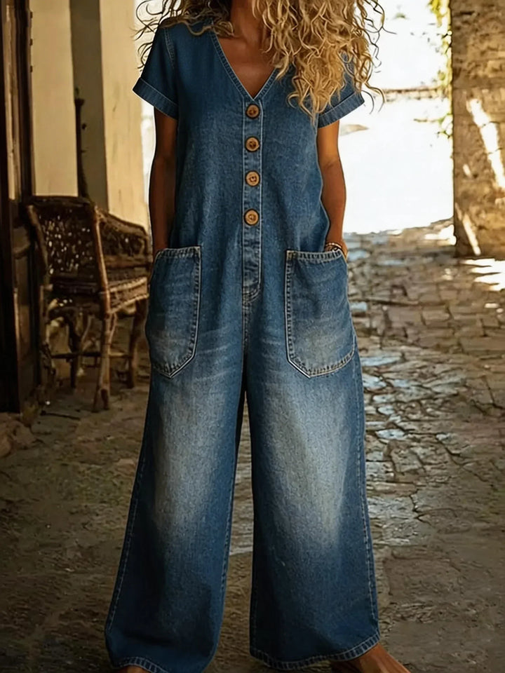 Denise | Denim Overall med V-hals och Korta Ärmar