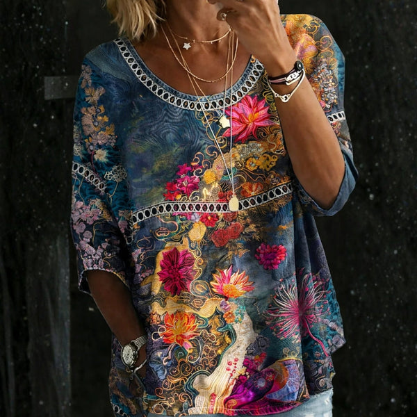 Saga - Vintage Blommig Jeansblus
