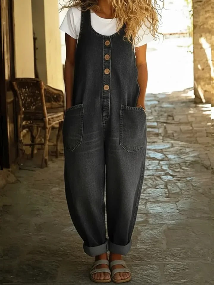 Kvinnor Utan Ärmar Tvättad Bomullsdenim Jumpsuit