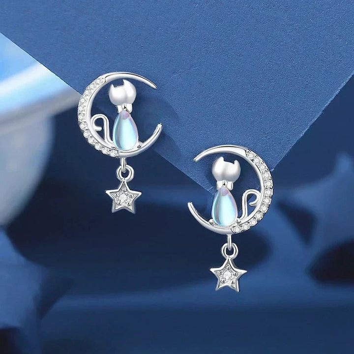 Örhängen med katt och natthimmel-tema, 925 sterling silver, med zirkonsten