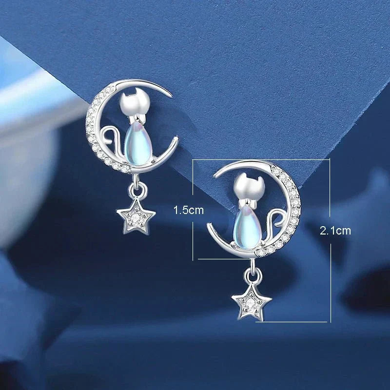 Örhängen med katt och natthimmel-tema, 925 sterling silver, med zirkonsten
