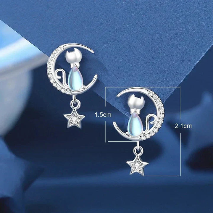 Örhängen med katt och natthimmel-tema, 925 sterling silver, med zirkonsten