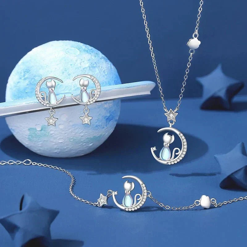 Örhängen med katt och natthimmel-tema, 925 sterling silver, med zirkonsten