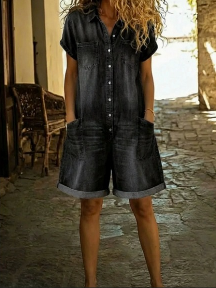 Elvora | Denim Overall med Krage och Korta Ärmar