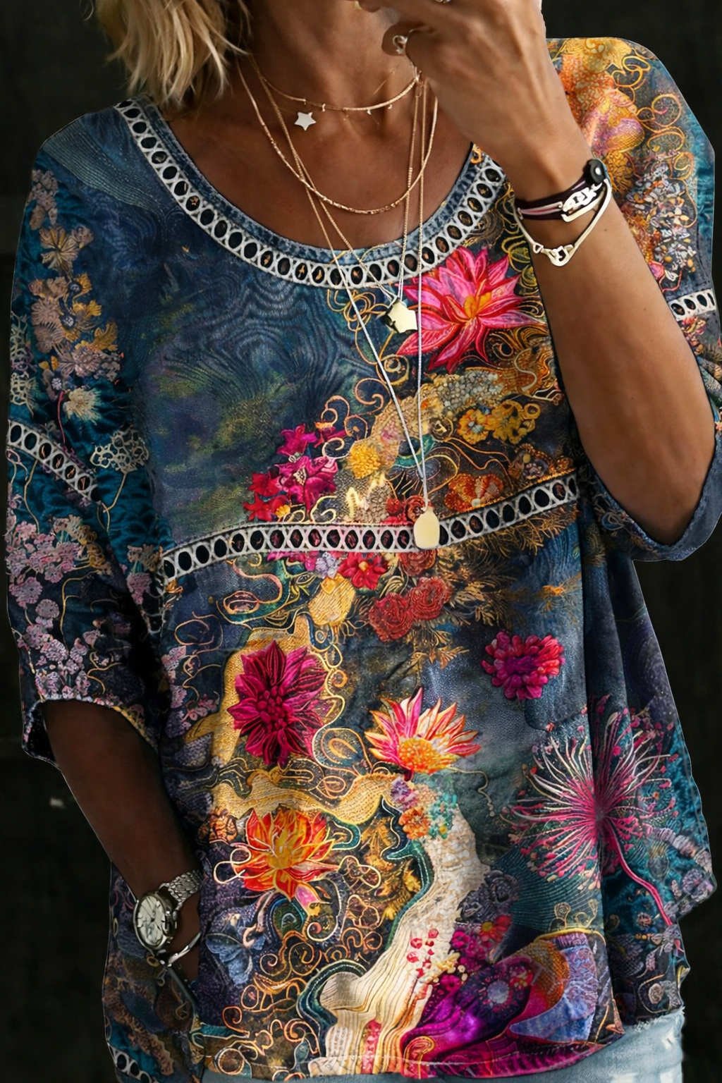 Saga - Vintage Blommig Jeansblus