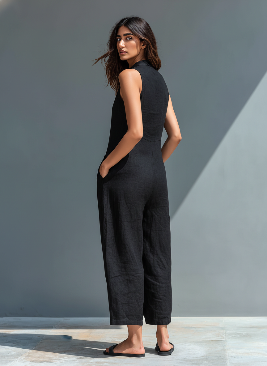 Claudia | Minimalistisk damklänning i lin, hög krage och knappar