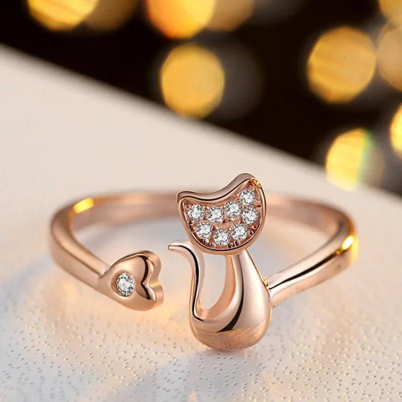 Öppen ring – söt katt – zirkonium