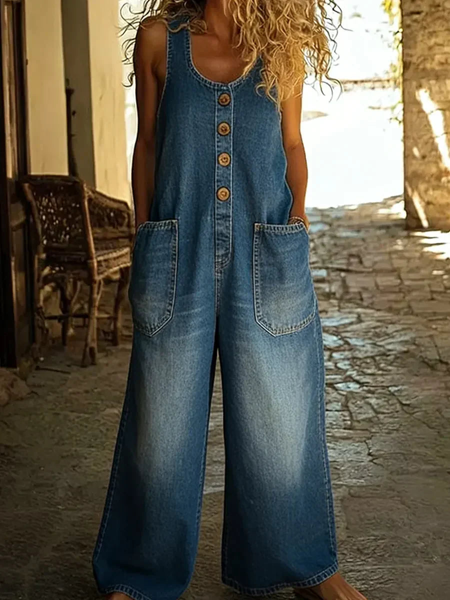 Kvinnor Utan Ärmar Tvättad Bomullsdenim Jumpsuit