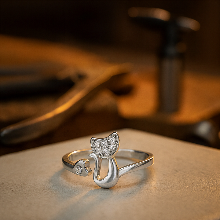 Öppen ring – söt katt – zirkonium