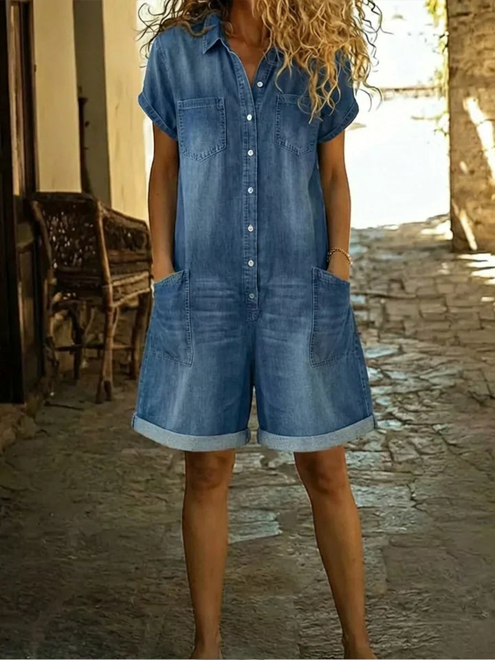 Elvora | Denim Overall med Krage och Korta Ärmar