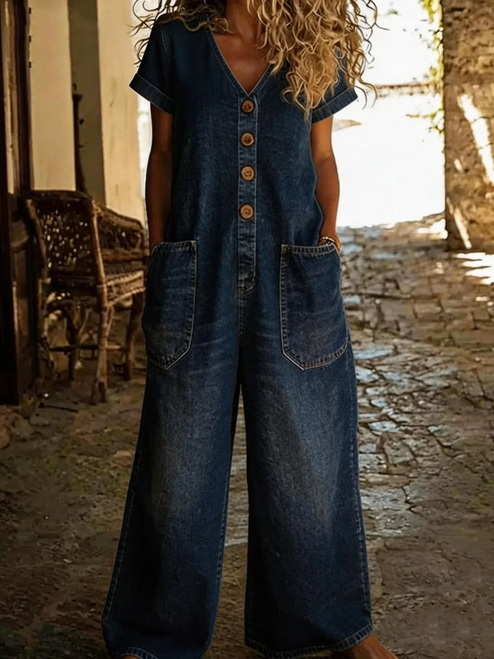 Denise | Denim Overall med V-hals och Korta Ärmar