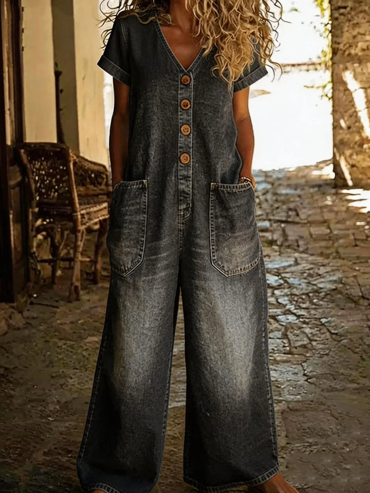 Denise | Denim Overall med V-hals och Korta Ärmar