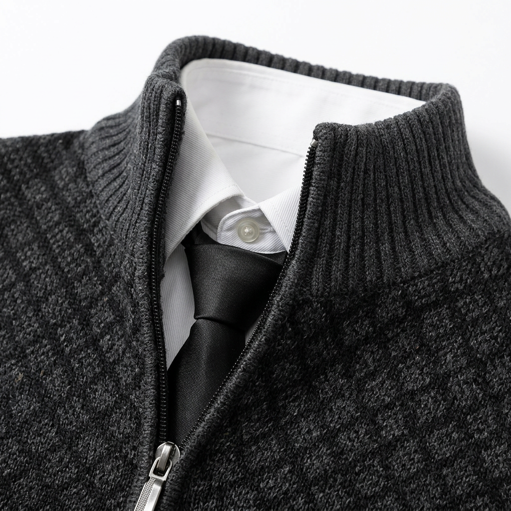 Herrar tröja | Stickad cardigan med dragkedja och hög krage