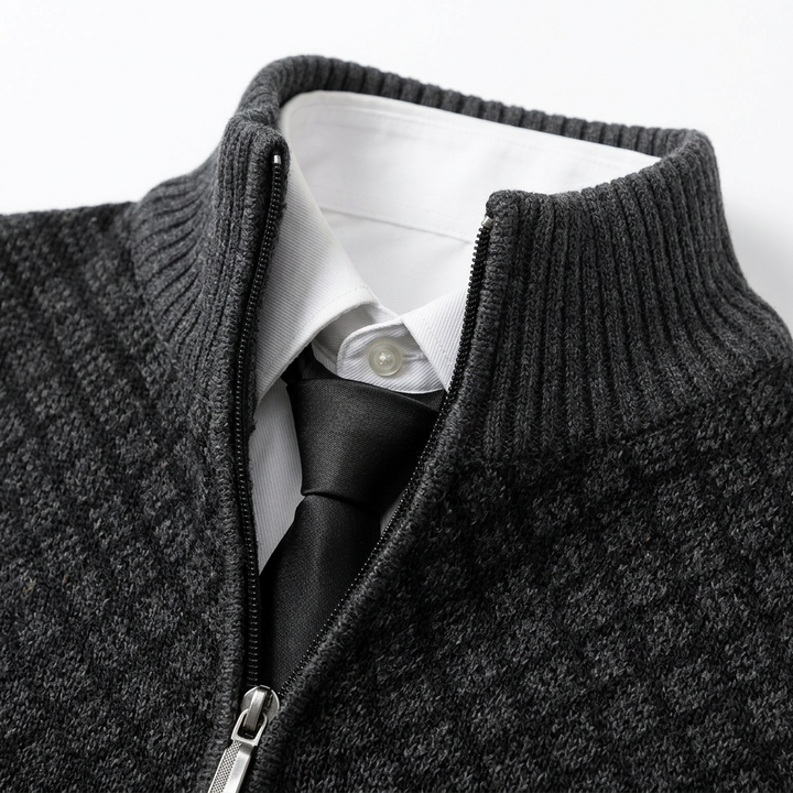Herrar tröja | Stickad cardigan med dragkedja och hög krage