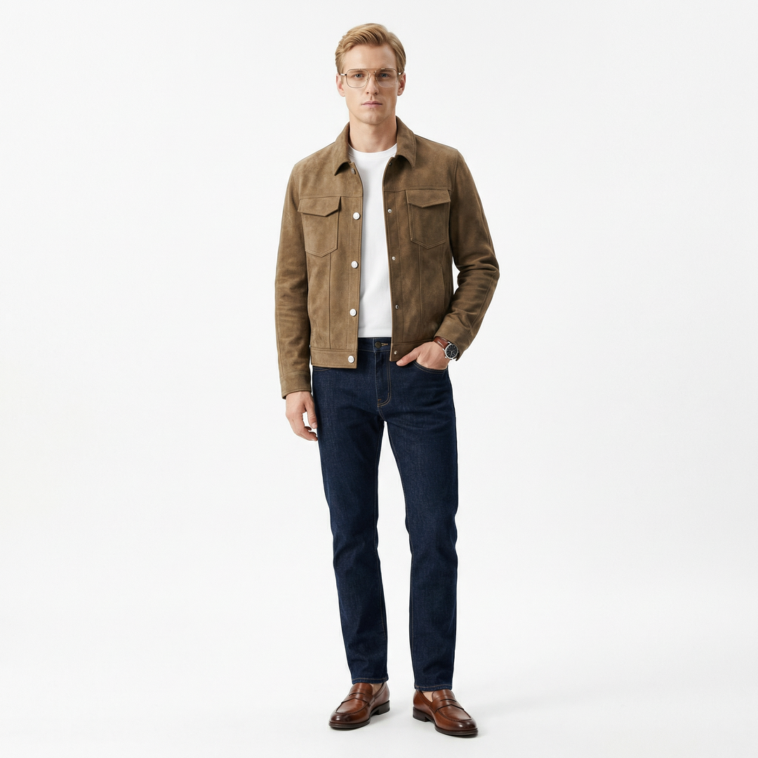 Herrarnas mockaskinn denimjacka, stilren och tidlös