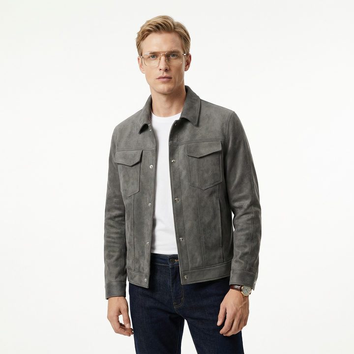 Herrarnas mockaskinn denimjacka, stilren och tidlös