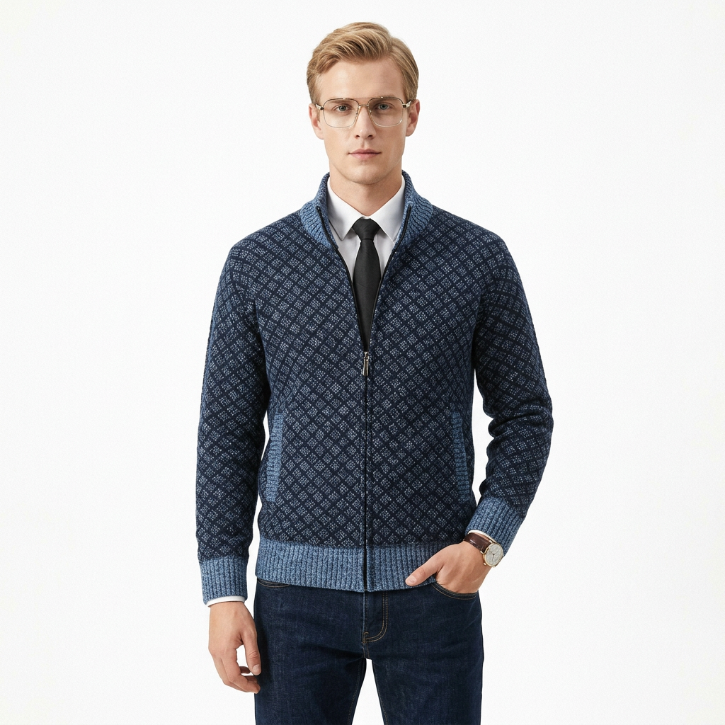 Herrar tröja | Stickad cardigan med dragkedja och hög krage
