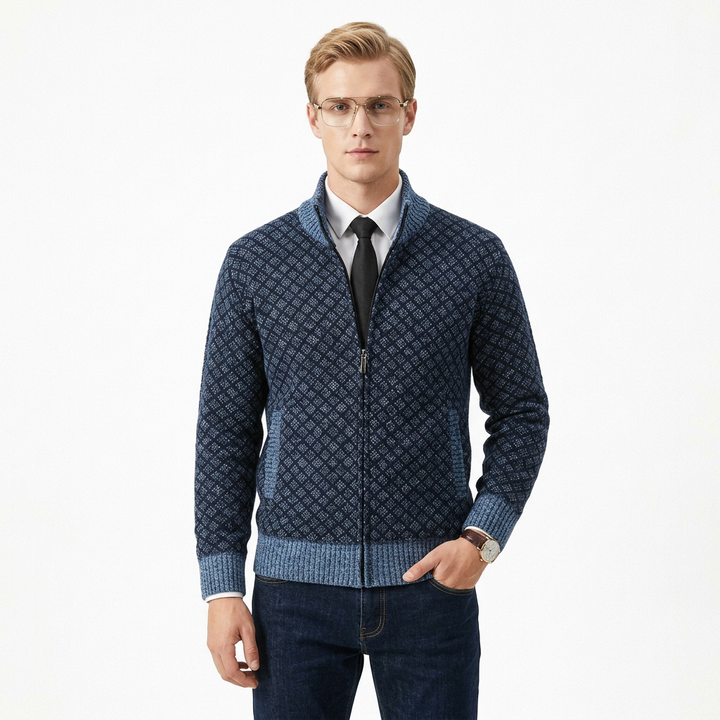 Herrar tröja | Stickad cardigan med dragkedja och hög krage