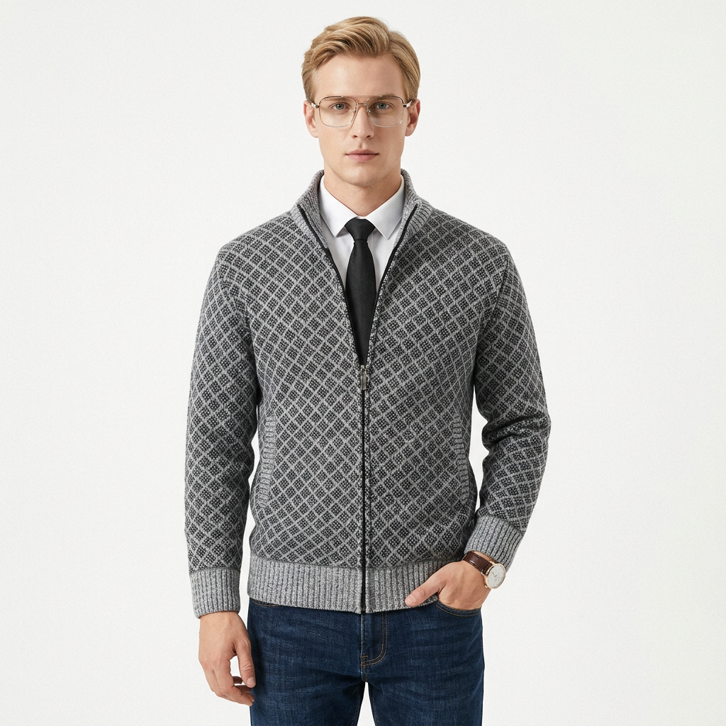Herrar tröja | Stickad cardigan med dragkedja och hög krage