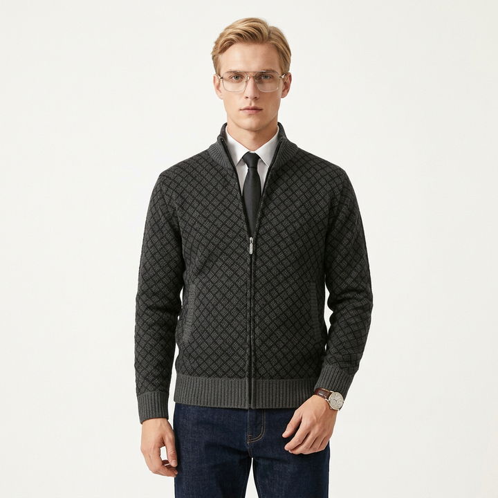 Herrar tröja | Stickad cardigan med dragkedja och hög krage