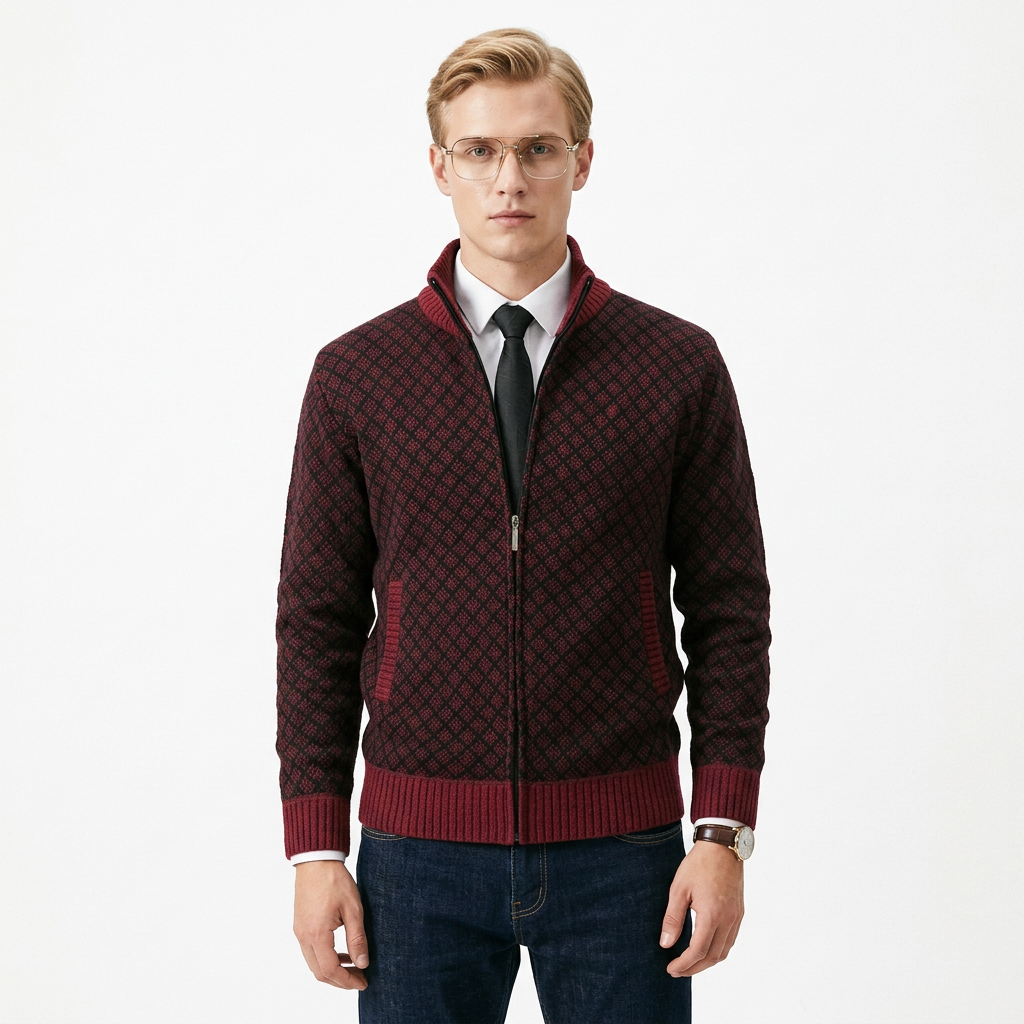 Herrar tröja | Stickad cardigan med dragkedja och hög krage